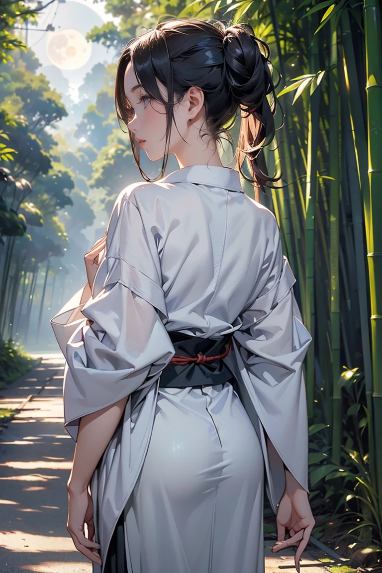 Bamboo Forest, ((masterpiece, highest quality, Highest image quality, High resolution, photorealistic, Raw photo, 8K, Extremely detailed CG unified 8k wallpaper)), A straight road between bamboo groves, lanterns illuminating the ground, a full moon at midnight, and the back view of a woman wearing a Japanese kimono standing in the middle of the road,