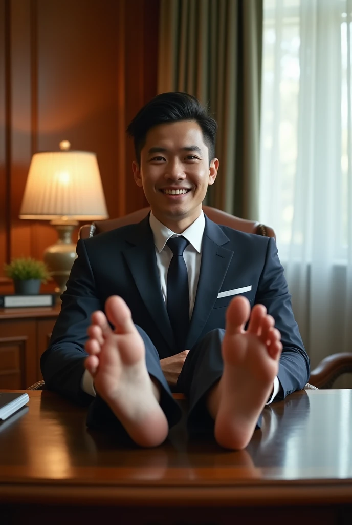 Asian man
Suit and tie
Bare feet
Feet on desk
5 toes each feet
He's ticklish
Focus on his feet
Big feet
Focus on his feet
Show his feet clearly
Ticklish boy feet