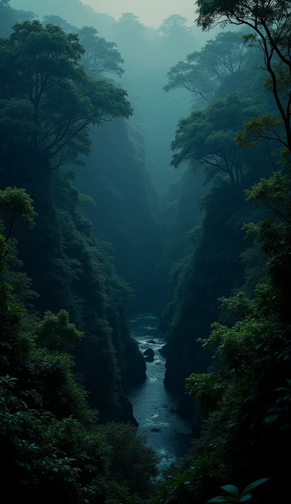 A high-angle view of a jungle at night on a moonless night, taken from an elevated position looking down into the deep darkness of the forest below. The trees and foliage are barely discernible in the pitch black, with only the occasional glint of starlight reflecting off leaves or water. The lack of moonlight creates an almost oppressive darkness, with the sounds of the jungle — the calls of animals, the rustling of the wind in the trees, and the chorus of insects — creating an intense, immersive auditory experience. The high-angle perspective highlights the inky blackness of the jungle on a night without a moon.