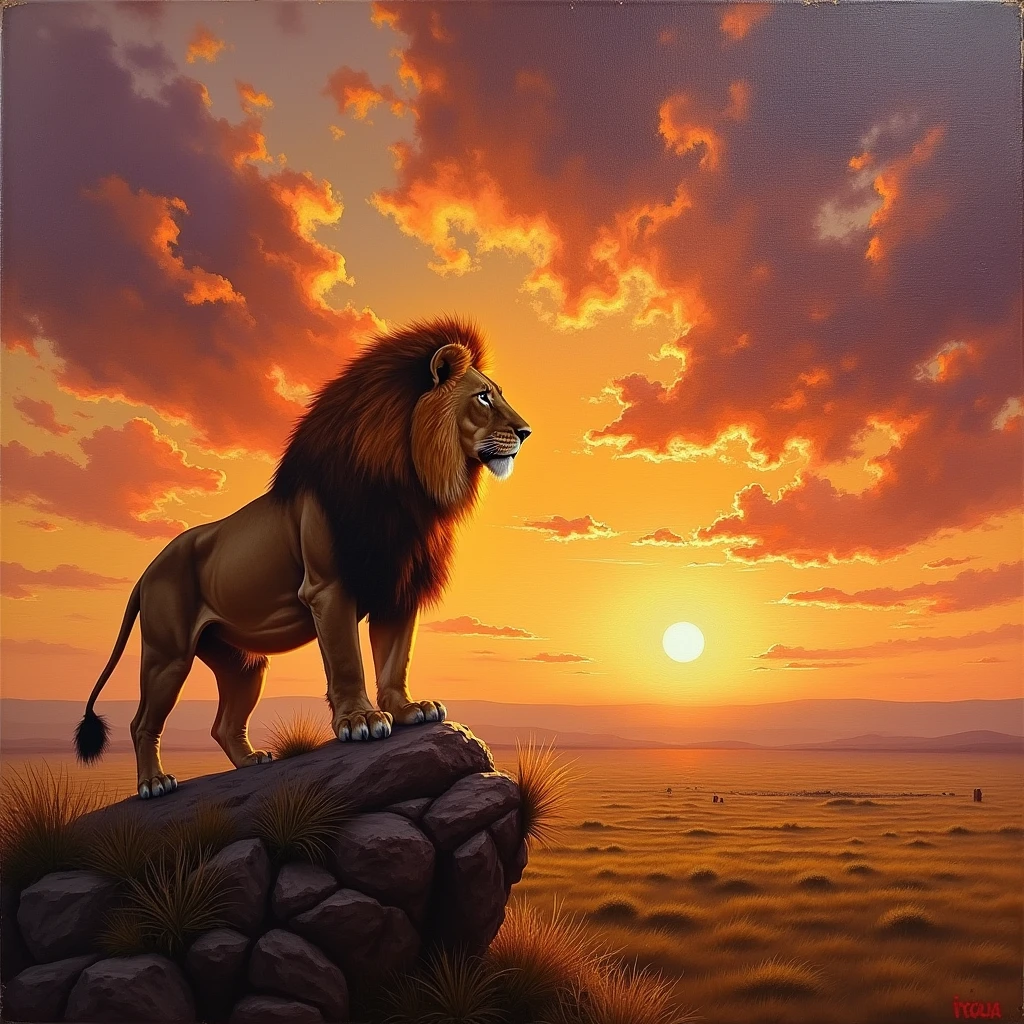 A majestic lion painted in oil on canvas, standing on a rocky outcrop overlooking a vast savanna at sunset. The lion's mane is richly textured with thick, sweeping brushstrokes that catch the warm golden light of the setting sun. The sky is filled with dramatic clouds, with deep, swirling colors of orange, red, and purple, adding a sense of depth and drama to the scene. (best quality, 8K, oil painting, high resolution, masterpiece)