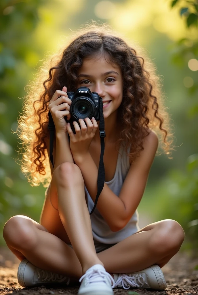 A brunette girl with curly hair and big breasts sits with her legs stretched out, taking a realistic photo