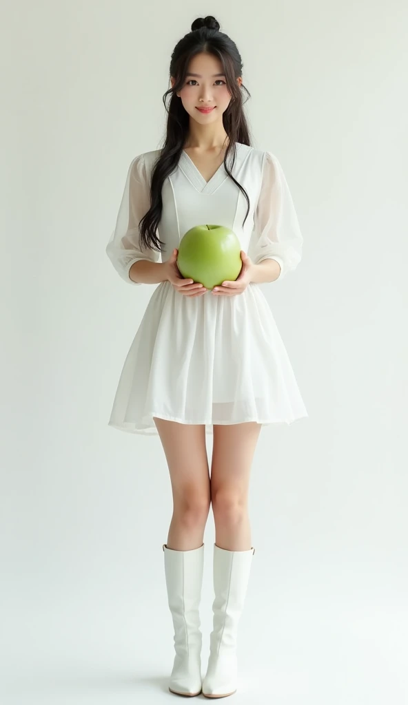 Japanese woman with long hair tied back, wearing a white isshou dress with a short skirt, with her face facing the camera while carrying a green apple, straight body pose facing the camera, full body model to the feet, wearing white knee-high shoes, 4k, hd, realistic