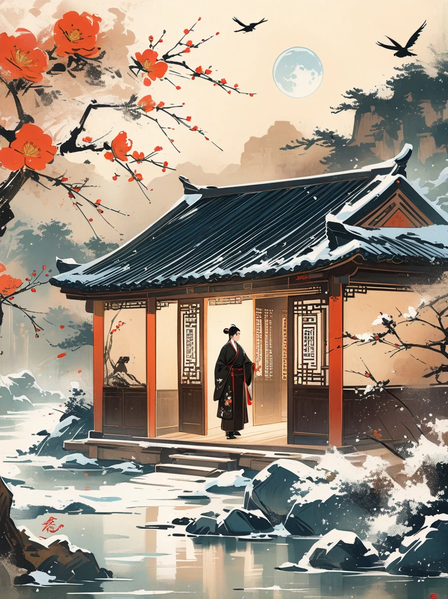 Ink Painting,plum bossom,Bright Moon,Flying snow,Ultra HD resolution,Hand-drawn style,majestic,Natural light,unmanned,Chinese style,antiquity