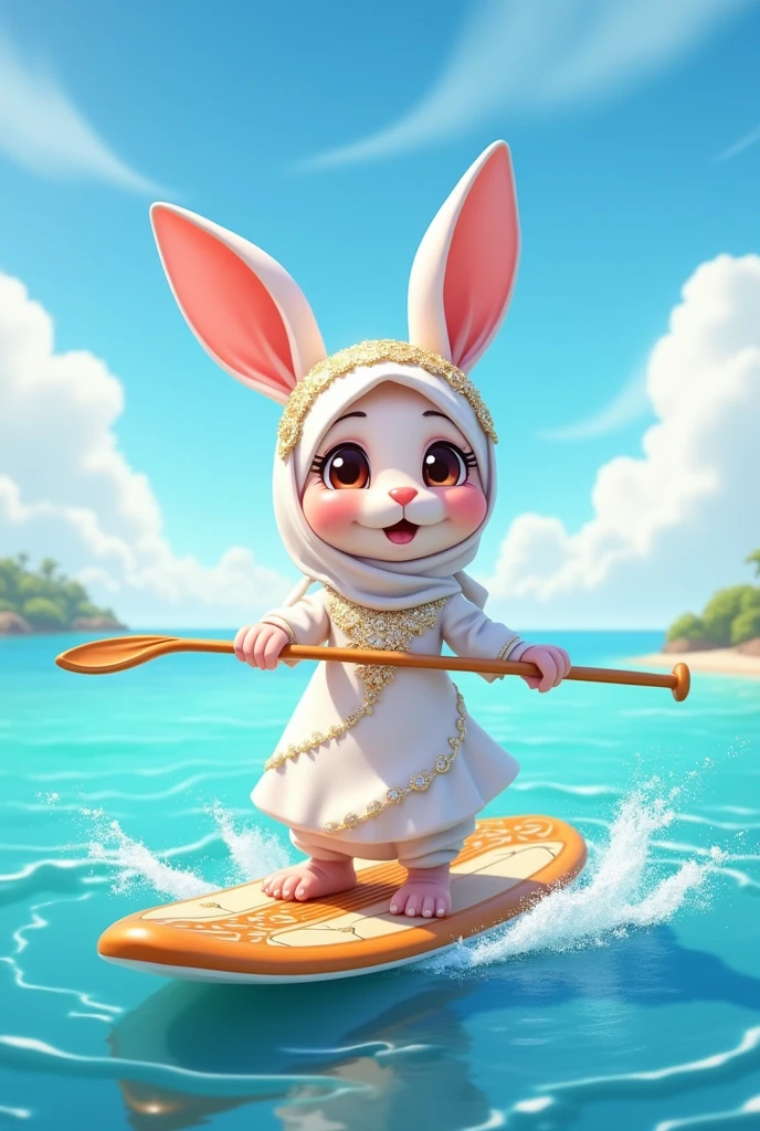 Cute little rabbit is a cartoon character wearing an Islamic hijab, a white wedding dress with gold patterns, holding a SUP board paddle, paddling a SUP board in the sea.