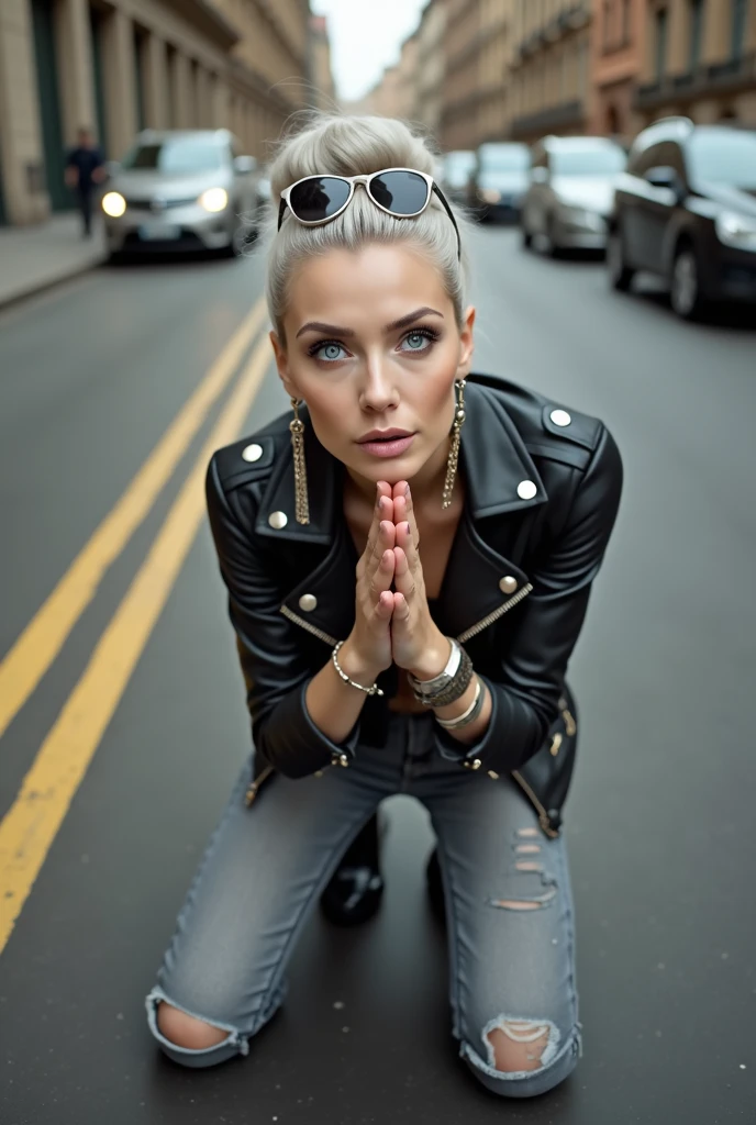 russian old milf woman, gray hair (huge top bun) and sunglasses as headband (big maxi glasses), with very light blue eyes, extremely pale. Wearing cropped black moto jacket, black bra, black jeans with worn knees and pointy  silver Chelsea boots with cuban heels . Lots of metallic bracelets and collars. Tacky leather belt with oversized buckle. Wide loop earrings. Kneeling in a payer, looking up, chin up, eyes and mouth wide open in amazement. Hands in praying position. Looking at the camera in amazement,  toned abdominals, thin legs and thin arms. tattoed