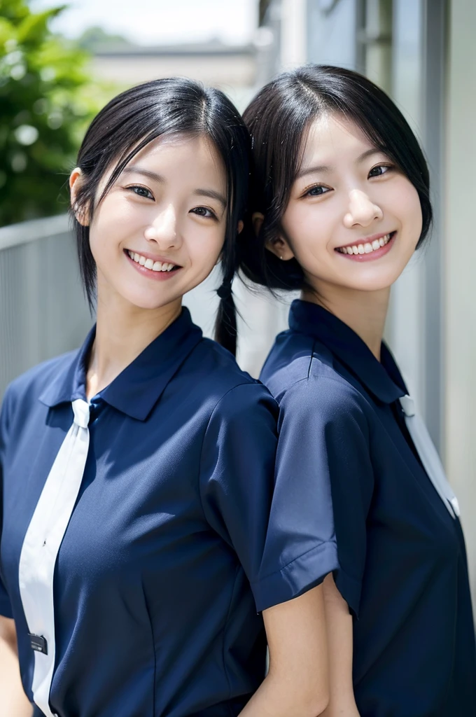 Two female medical office workers smiling, wearing dark blue short-sleeved uniforms. Black line around the neck Japanese Black hair 20s Upper body close-up Shooting outside Harmony々 Hair tied up
