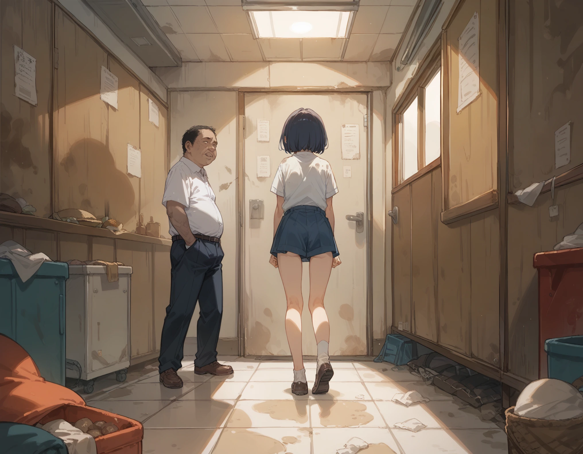 in a dirty room、A high school girl gets raped from behind by a fat, ugly middle-aged man