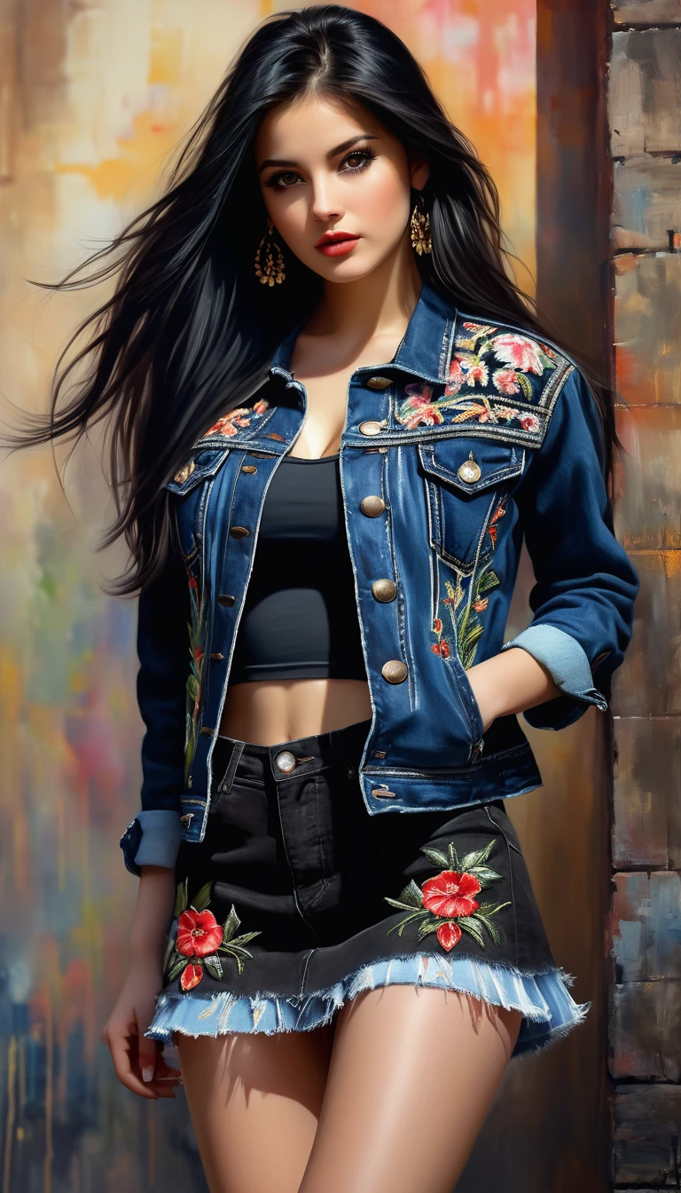 Beautiful girl dressed in short skirt and embroidered black denim jacket, long black hair and brown eyes, pale skin, realistic, cute, detailed painting, sharp, plump body, medium breast, dramatic lighting, background shooping centre, shooping background, Style by Gabriele Dell'otto, AI Midjourney, bright saturated colors, watercolor, oil paints, HDR, 500px, 4k,