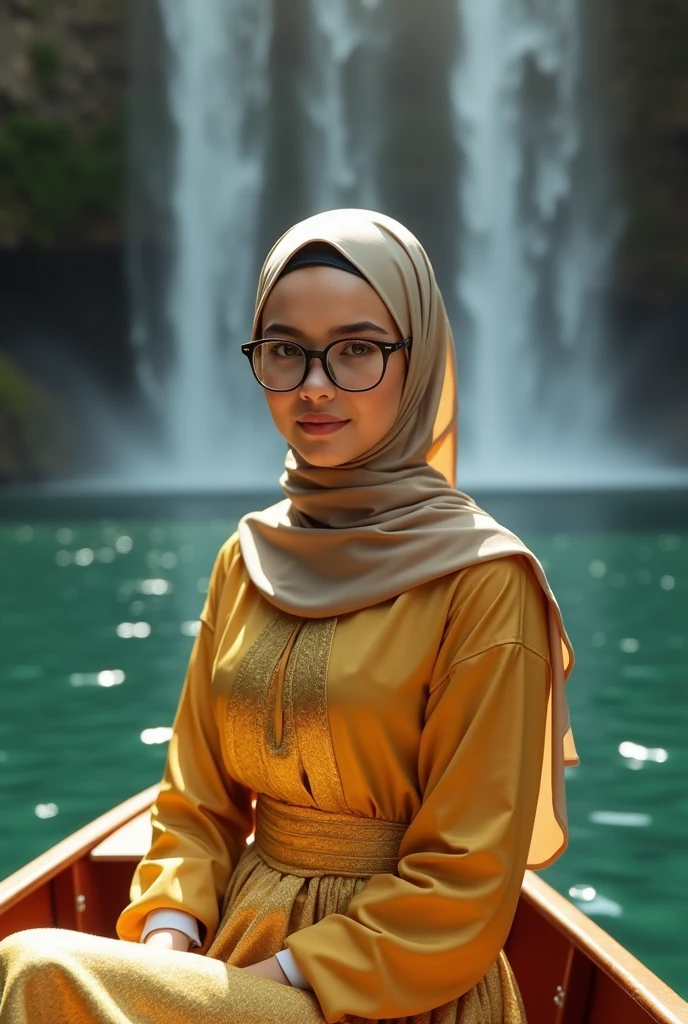 A portrait of a 17-year-old Russian girl wearing a modest and covered hijab, Wearing glasses,and a trendy abaya dress, made of dark yellow brocade and silk,is on a boat in the middle of the lake and a beautiful waterfall can be seen flowing,in a calm and peaceful atmosphere with a face looking at the camera