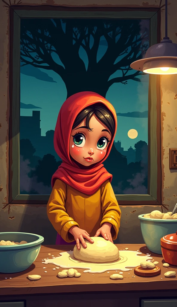 cartoon hijabi girl is making roti while she is crying so loadly , in poor kitchen soo much lights onn in kitchen a window back side of girl a tree show us through window and darkness spreads out side of kitchen