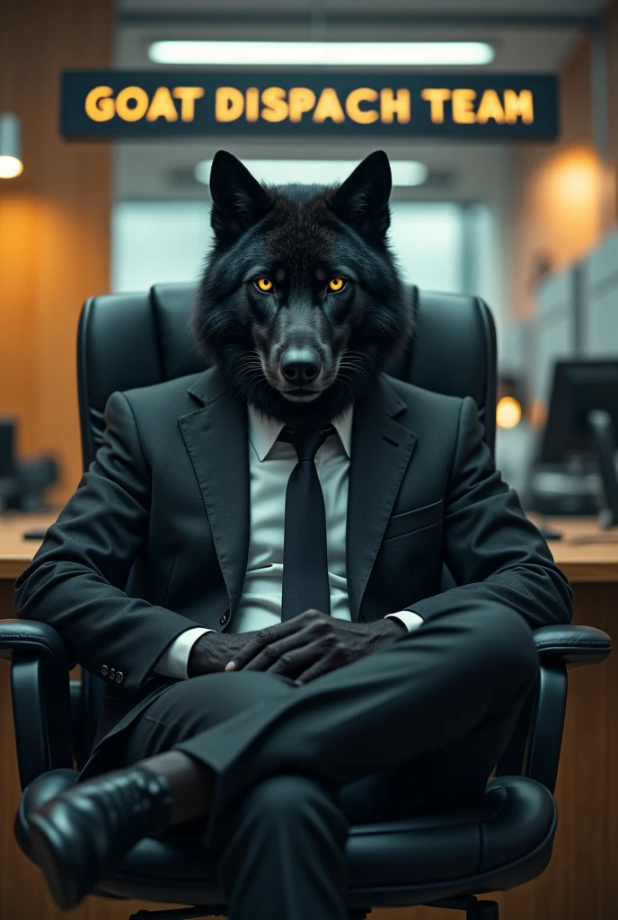 black angry wolf with suit sitting on the chair in the office under the letter of "GOAT DISPATCH TEAM"
