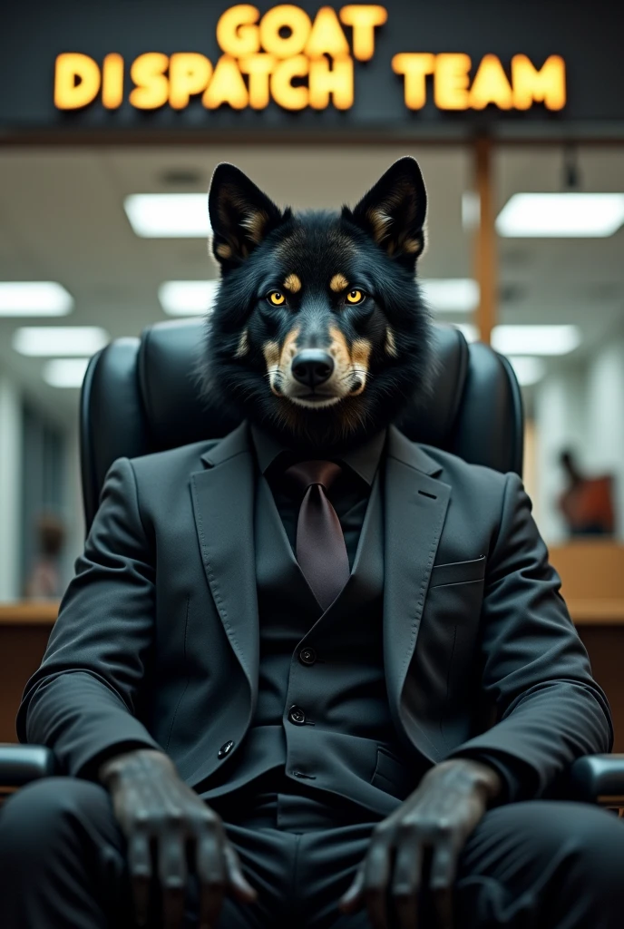 black angry wolf with suit sitting on the chair in the office under the letter of "GOAT DISPATCH TEAM"