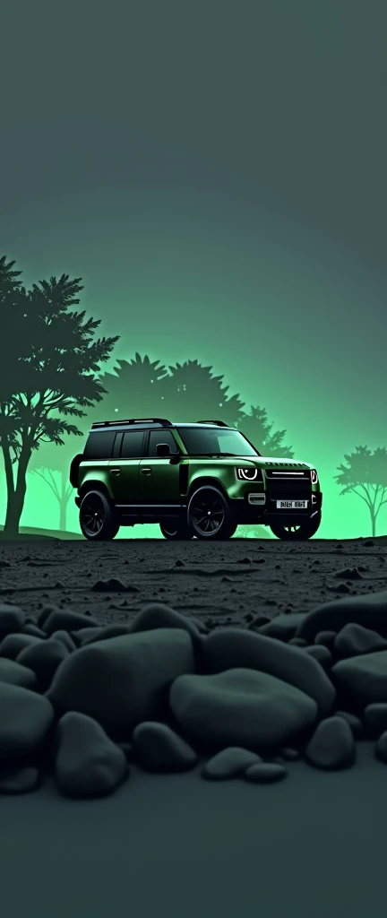 Ah ultra hd wide long straight photography of Brand new ((luxury)(full option)(land rover defender 110 model 2024)) 5 door defender in dark greenish colour with (Reflecting like a mirror shining body painting) and side mounted ladder. Diamond cut alloy wheels are turned and lowered body). Dark violet sky and dark grey soil and background filled with dark trees.