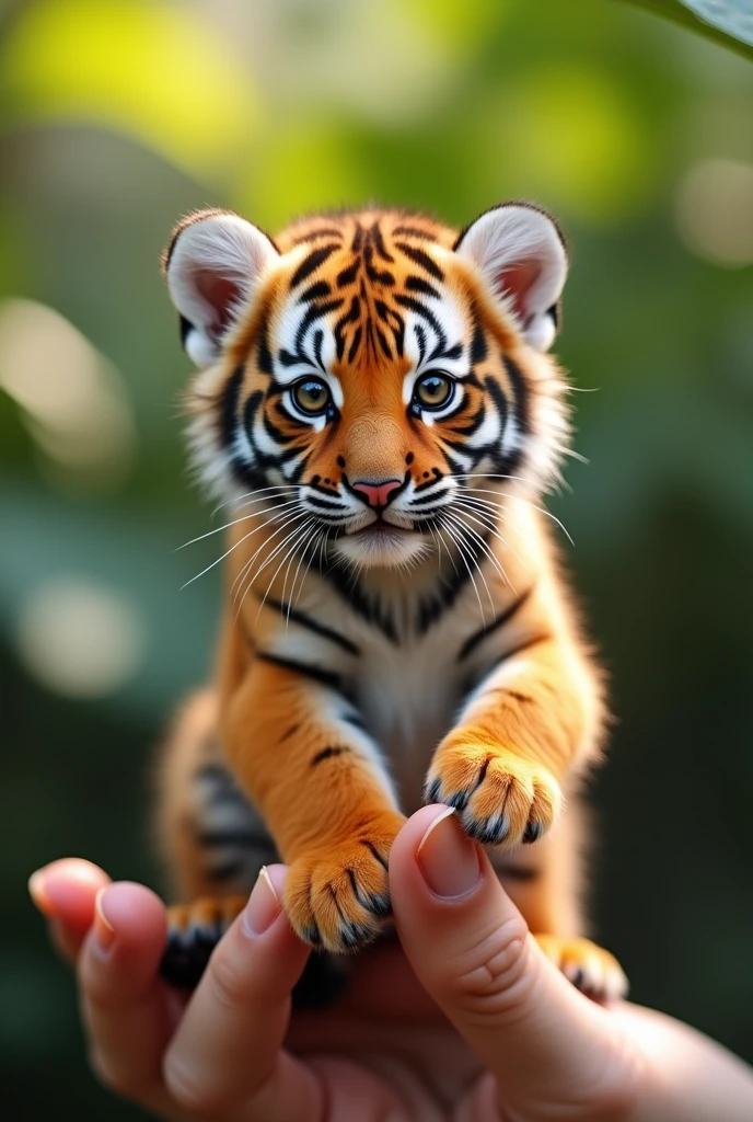 There is a small tiger cub sitting in a person's hand, a small tiger cub, a small animal, sitting on a finger, cute and cute, cute and cute, cute kitty, cute tiger cub, the photo is very realistic, small Very, beautiful tiger photo, just a neat little thing, cute little nose, beautiful and cute, beautiful creature, pretty cute, very detailed photo.