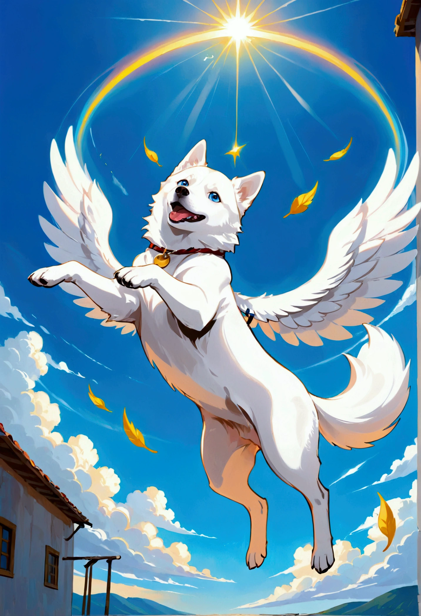 Thin white husky dog. has blue eyes. It levitates towards the blue sky like an angel. It has no wings. It goes to the other life. the image transmits peace, peace and hope. Without a leash.