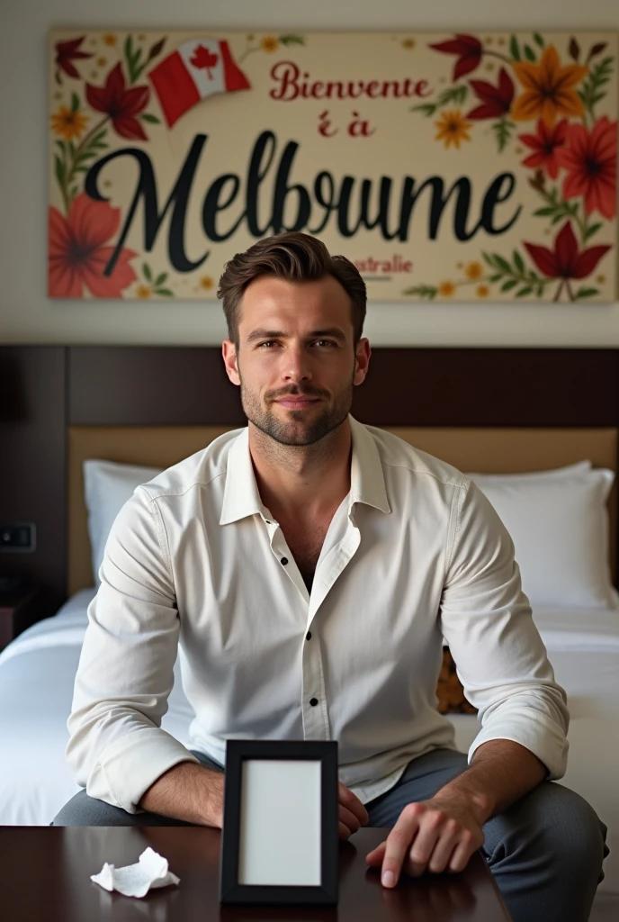 Homme caucasien grand de taille, charmant, un peu costaud, habillé en pantalon et tee-shirt manche longue, assis ou adossé sur une table dans une grande chambre d'hôtel, sur la table qu'il y ait également un papier mouchoir déjà utilisé sur la table et sur le lit de l'hôtel qu'il soit déposer un cadre photo grand ou moyen qu'il est possible de faire arrêter sur le lit et faire face à la caméra et sur le mur du chevet du lit un tableau sur lequel il est écrit en français : Bienvenue à Melbourne AUSTRALIE et autour de la phrase qu'il y ait les emblèmes du Canada Québec ou le drapeau du Canada Québec
