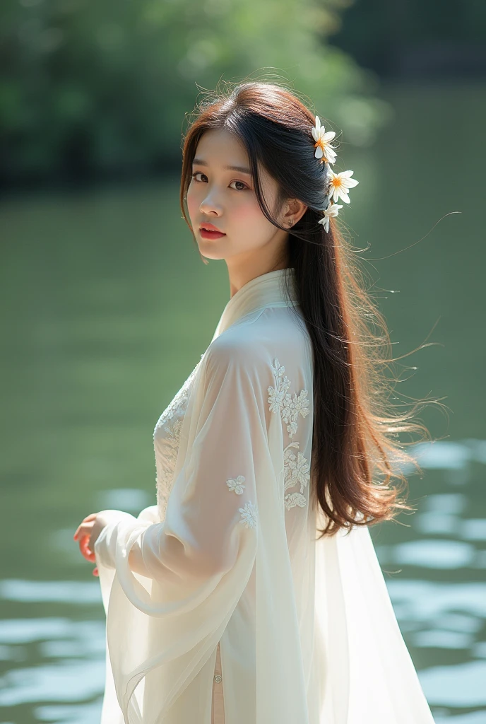 The girl is wearing a Chinese traditional  dress and her hair was a silky and Messi here with a flower accessories the colour of the dress is white the girls age was 25 can you add the hurric place was her background was a river