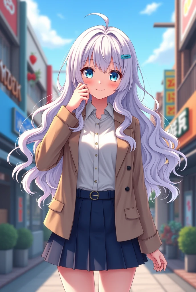 ((best quality)), ((masterpiece)), (detailed), 1girl, short coat over shirt, smiling, perfect face, cute anime girl, long wavy white hair, bangs, side ponytail, medium breasts size, she is 20 years old, she is wearing a skirt, vibrant colors, masterpiece, sharp focus, best quality