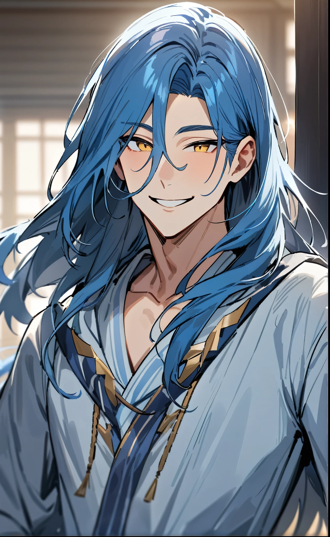 (masterpiece),(Highest quality), (Detailed),One Man:1.3,(Blue Hair Color),Long hair down to the waist:1.2,gold eye:1.2,Sharp short ears:1.2,(smile),thirties man:1.1,A man winking:1.2,handsome man:1.2,light blue wizard robe:1.1