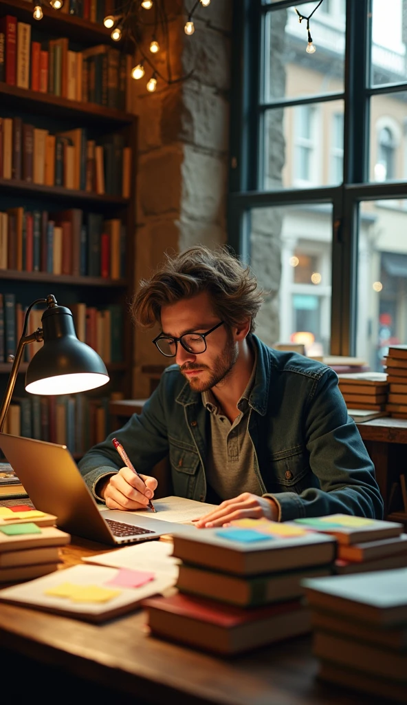 Man author write a book in a book store 3d image