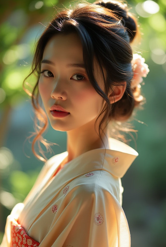 An elegantly dressed Japanese woman in natural light、A close-up of her chest and calm expression.、It shows her inner peace and outer charm.。