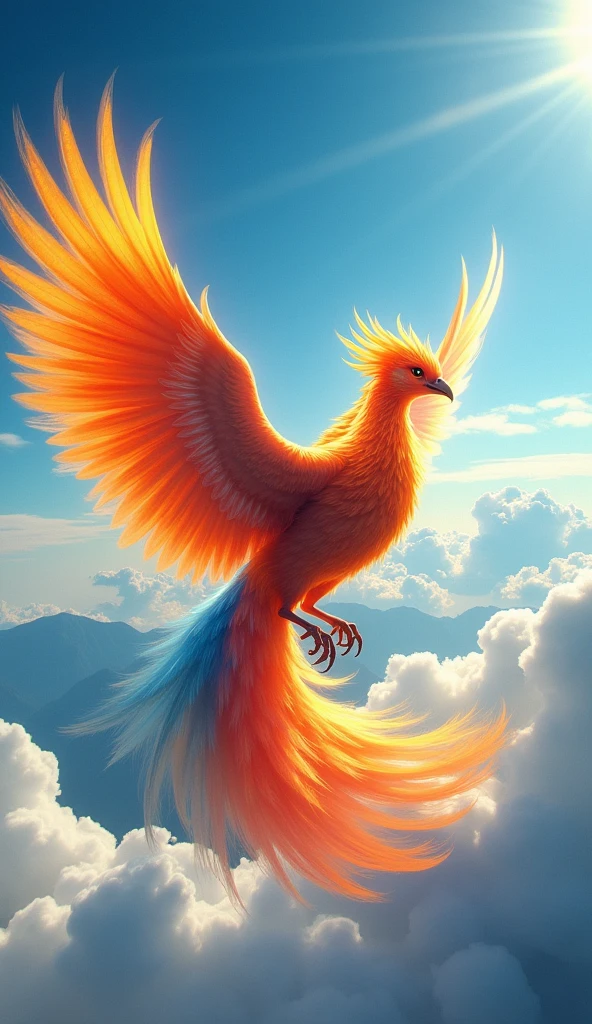 masterpiece,high resolution,best composition,dynamic composition,photorealistic,phoenix flying,shining in rainbow colors in the sun,divine,good luck,happy ever after.