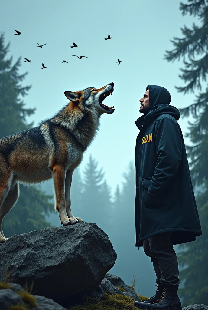A wolf standing on the rock barking with whole mouth open Scaring and looking in the eye of Man of man also standing on the same rock looking towards the sky ,the man wearing Mask looking downward and hide face with Coat cap that come from head,
at shirt name is Shan with white color background is forest with long trees and blue sky, make more realistic and some black birds fly in the background make more real