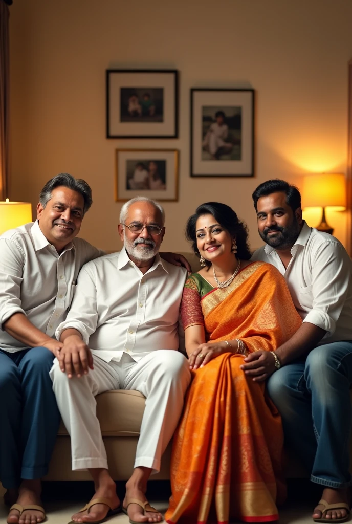 A father with white dress mothe with saree they all are sitting in a soffa  and there two men sitting both of the saids like a family photo 