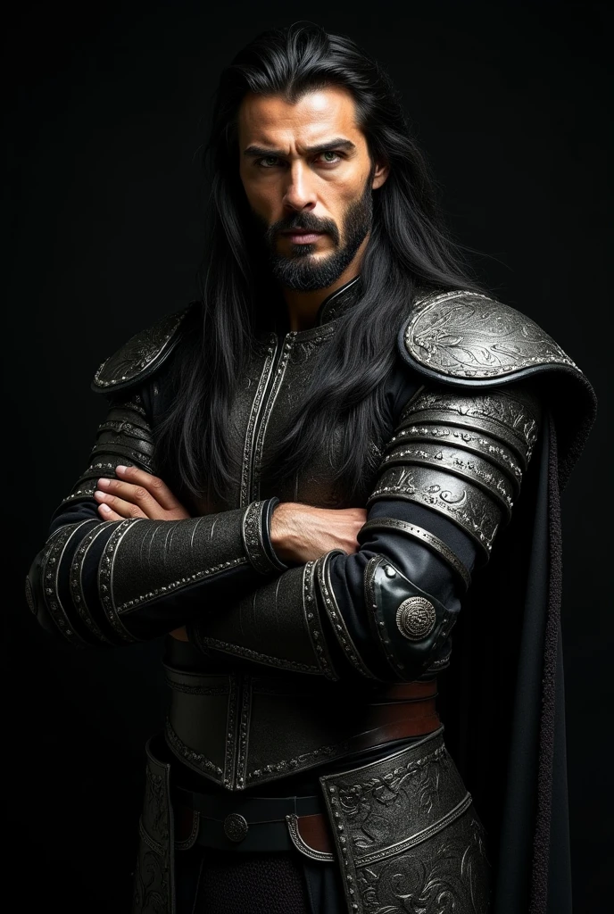 A Turkish warrior  in T-pose body with constant color bg  black clothing 
