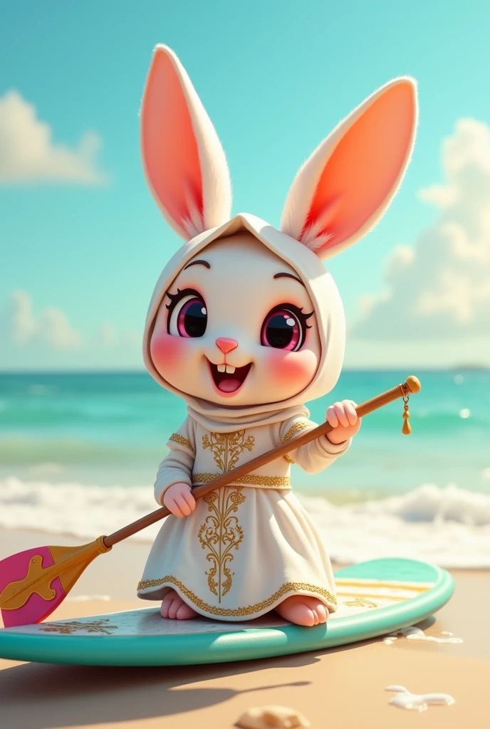 A cute little rabbit cartoon character.
Smiling, showing two rabbit teeth.
Wearing an Islamic hijab.
In a white wedding dress with gold patterns.
Holding a paddle for a SUP board in the sea.