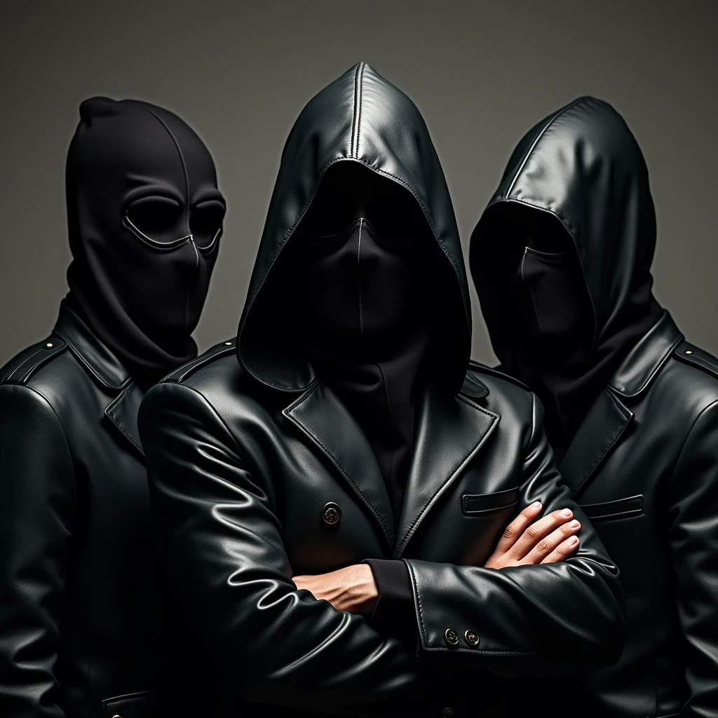 Portrait of three men dressed in dark leather assassin costumes and a shadowy mask across their faces