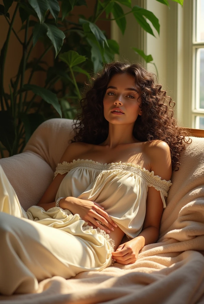 (photorealism:1.2), beautiful woman, sitting on bed, wearing loose off-shoulder top, pajama pants, long curly hair, indoors, soft lighting, plants in background, window with sunlight, cozy room, relaxed pose, realistic, intricate details, warm colors, by Greg Rutkowski, by Alphonse Mucha