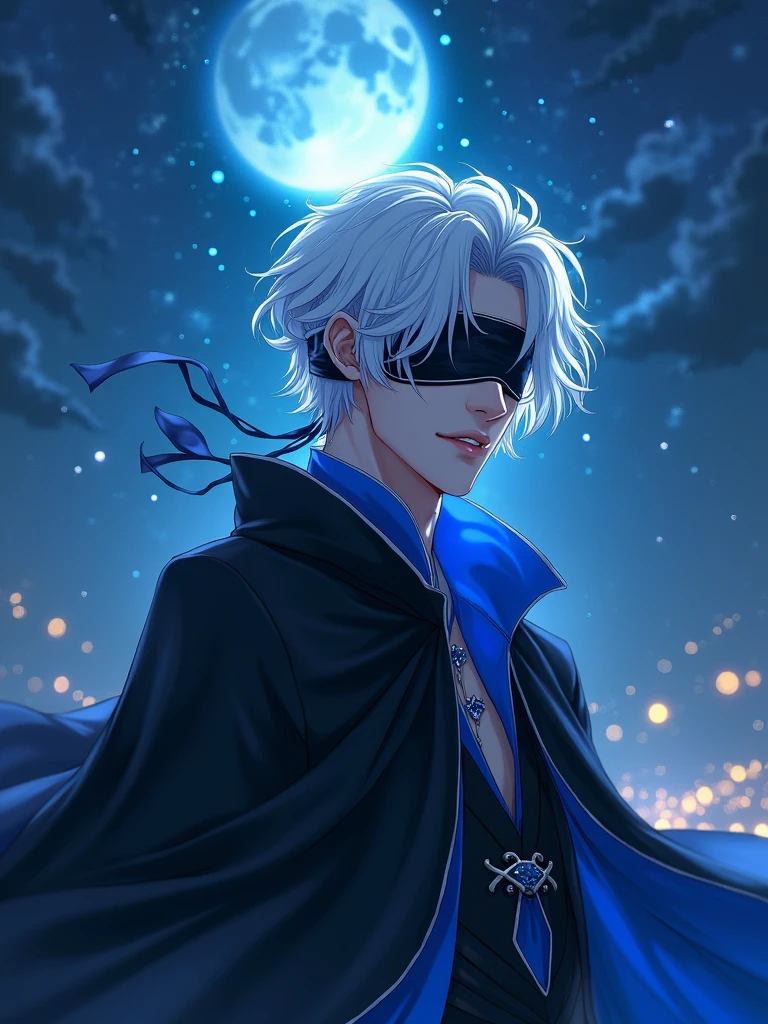 Saturo Gojo, wearing a blindfold, niji style, highest quality, night vision, 1 niji anime boy, beautiful detailed eyes, beautiful detailed lips, extremely detailed face, white eye lashes, white hair, blue eyes, black and blue outfit, glowing blue aura, detailed intricate background, dark night sky, glowing stars, moonlight, cinematic lighting, volumetric lighting, hyper-realistic, atmospheric, vibrant colors, surreal, dreamlike, fantasy, cinematic composition