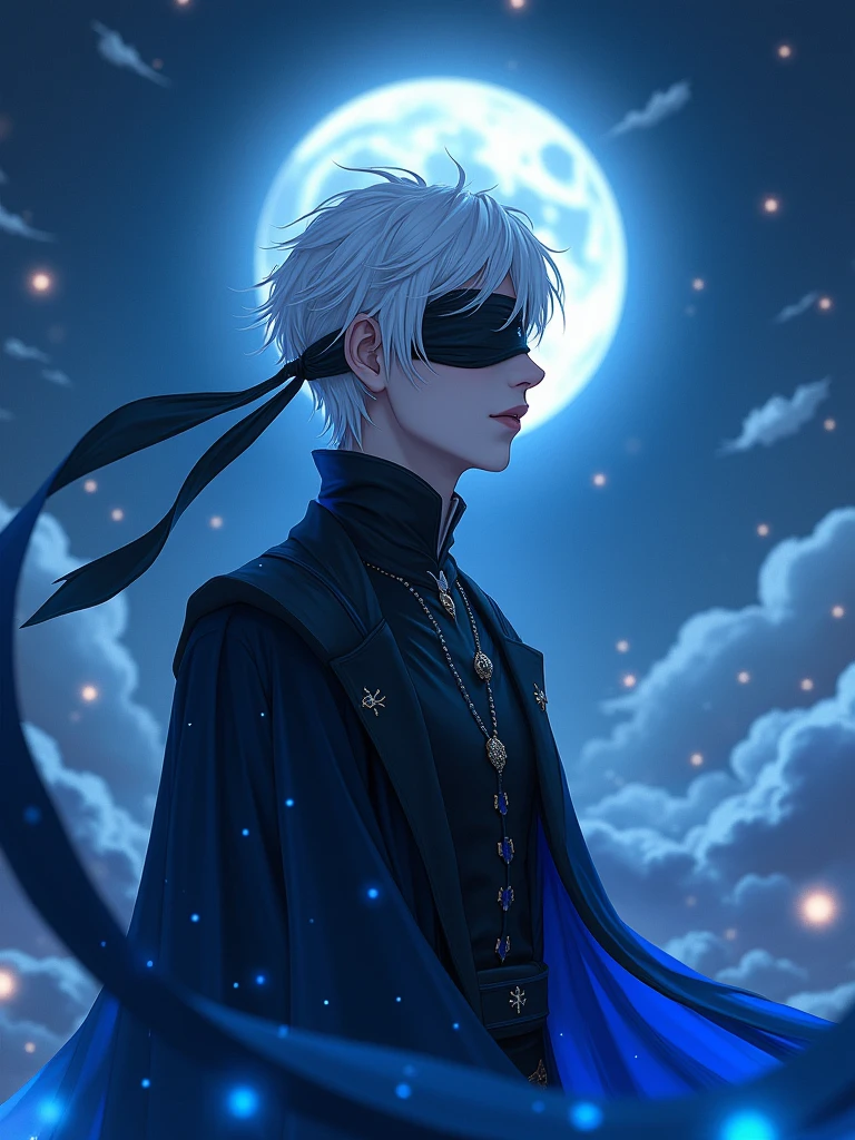 Saturo Gojo, wearing a blindfold, niji style, highest quality, night vision, 1 niji anime boy, beautiful detailed eyes, beautiful detailed lips, extremely detailed face, white eye lashes, white hair, blue eyes, black and blue outfit, glowing blue aura, detailed intricate background, dark night sky, glowing stars, moonlight, cinematic lighting, volumetric lighting, hyper-realistic, atmospheric, vibrant colors, surreal, dreamlike, fantasy, cinematic composition