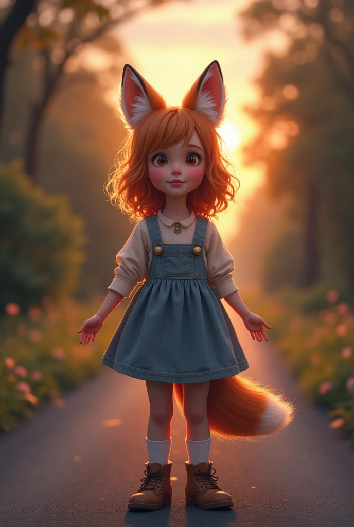 Human girl standing facing forward。
It has fox ears and a tail, so it looks half fox.。
Pretty face。Adorable expression。
Clothing。
The background is a country road at dusk。