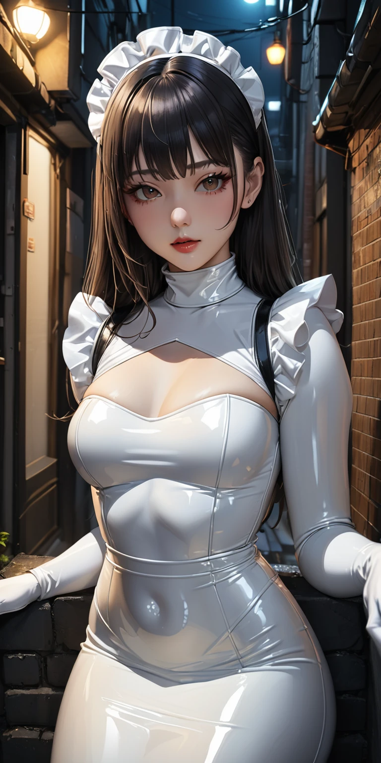 Portraiture、(masterpiece,Highest quality,Ultra-high resolution),Japanese women, (((A very beautiful 25 year old))),(White latex maid outfit)、(White latex tight long skirt)、(A long-sleeved white latex shirt covering the upper body)、White latex long gloves、White latex socks、Latex bodysuit、Latex is very shiny、Dark back alley at night