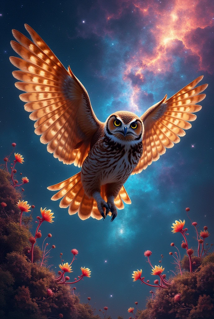 A brown owl flying through galaxies and plants
