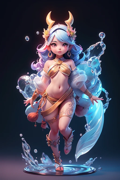Create an image of a baby water buffalo monster., The body is transparent and can be seen through. The image is sharp and detailed., with beautiful colors.. With arms, leg, eyes, mouth, พื้นหลังสีlegว