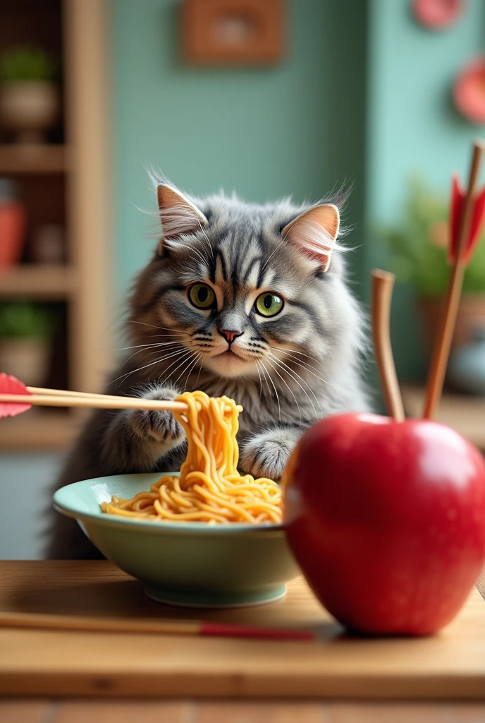 A cat eating ramen with an apple impaled by an arrow.