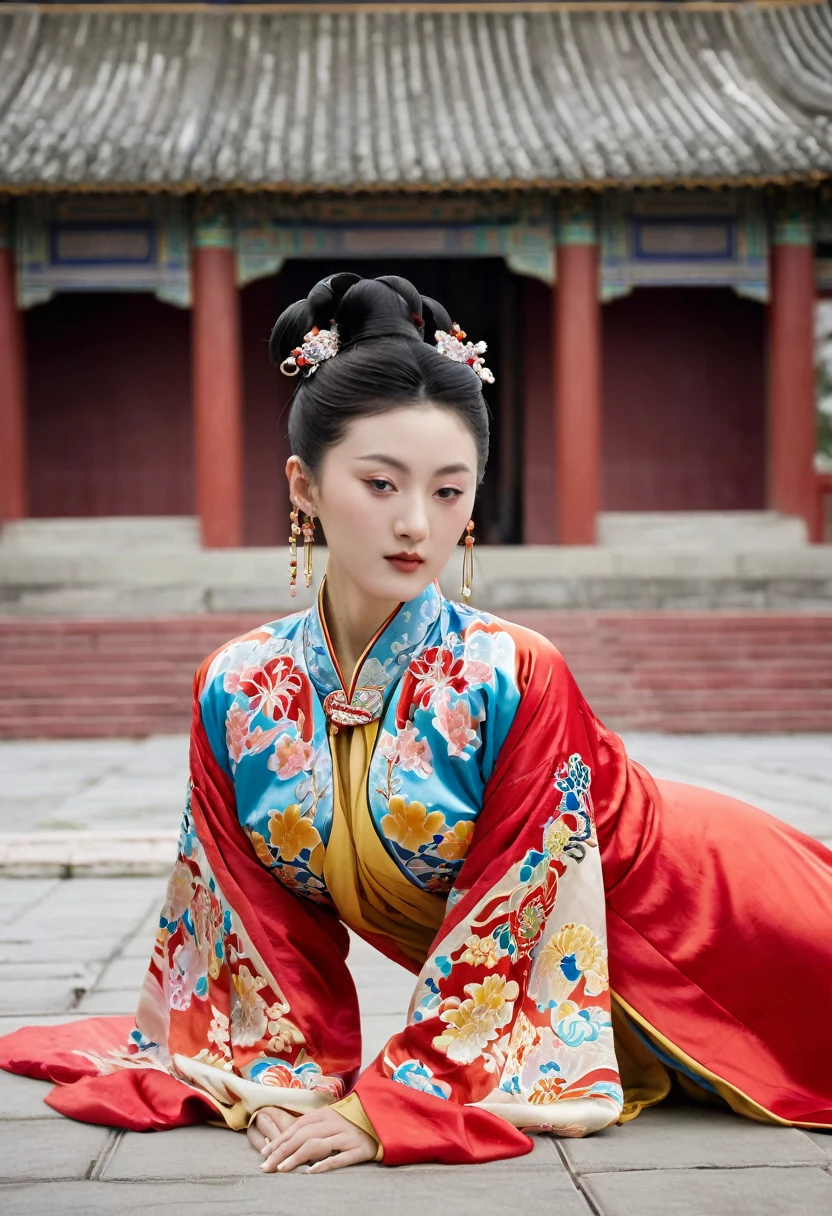 Full-body figure seen from the front
Qing dynasty empress on all fours outside the Qing dynasty Chinese palace wearing Manchu clothing with red garish floral pattern Manchu clothing open in front Manchu crotch showing dewy path from Manchu
Chest and breasts bare and dewy.
The head is adorned with large flowers and her hair is tied up and pulled back.
Erotic woman's
Her breasts and stomach are bare and exposed,
Her hair is tied up in a knot in the front, her hair is tied and pulled up, and she is not wearing panties, her cunt hair is showing from the front