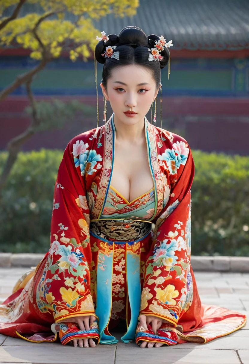 Full-body figure seen from the front
Qing dynasty empress on all fours outside the Qing dynasty Chinese palace wearing Manchu clothing with red garish floral pattern Manchu clothing open in front Manchu crotch showing dewy path from Manchu
Chest and breasts bare and dewy.
The head is adorned with large flowers and her hair is tied up and pulled back.
Erotic woman's
Her breasts and stomach are bare and exposed,
Her hair is tied up in a knot in the front, her hair is tied and pulled up, and she is not wearing panties, her cunt hair is showing from the front