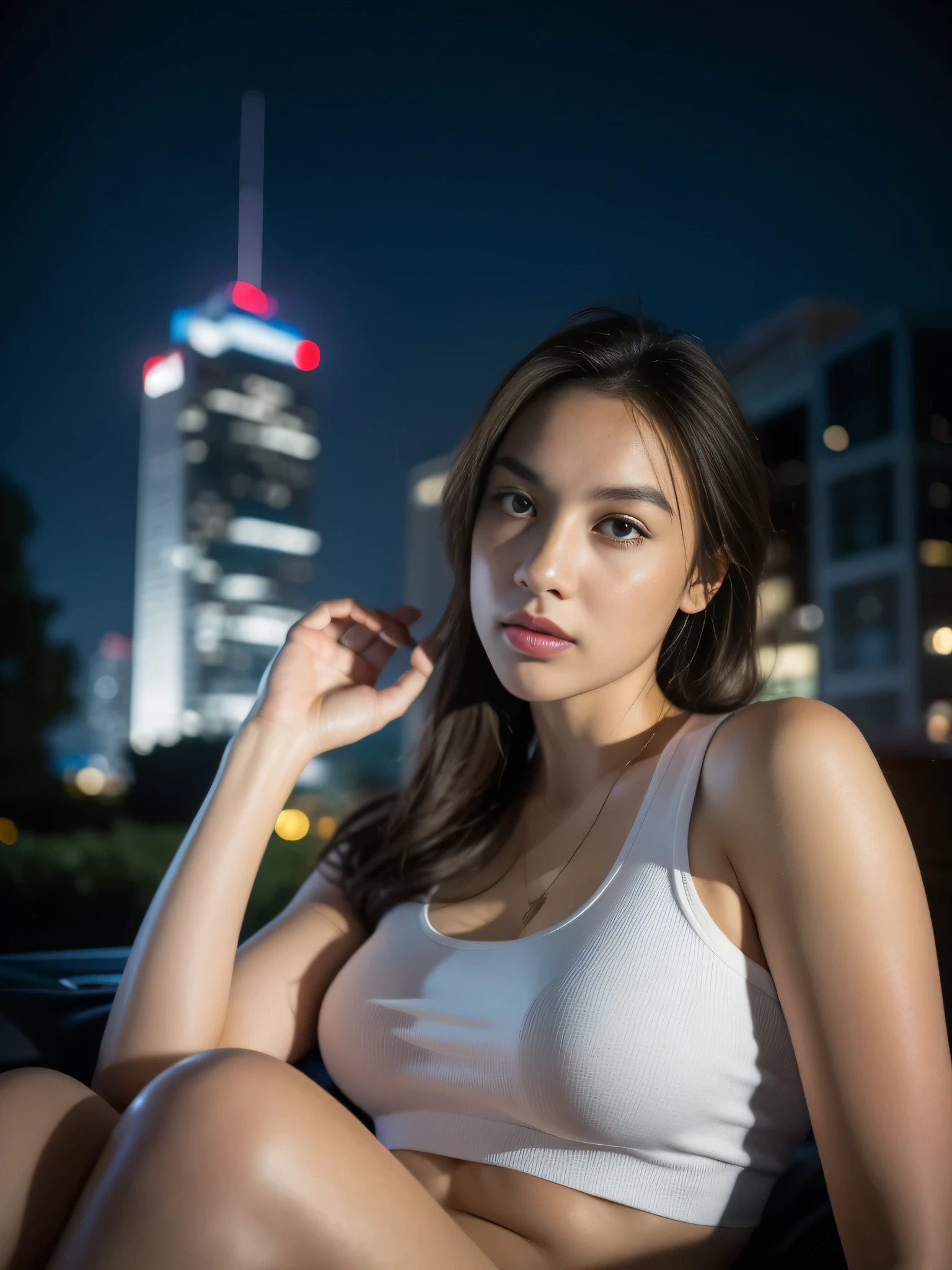 1girl, (uniform), standing, outdoors, night view, detailed Metropolitan city at the background, (above head shot: 1.4), detailed face, detailed eyes, brunette, big breasts, smooth realistic skin, semi-curvy body, wearing red tanktop and thin white hot pants, looking at the audience, (8k, RAW photo, best quality, masterpiece: 1.2), (realistic, realistic: 1.37), ultra-high resolution