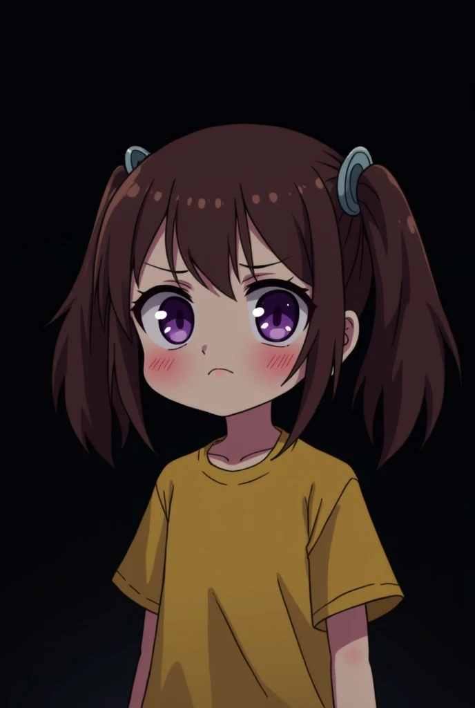Gamer , black background , Anime girl , brown hair colour , ponytail hair style , yellow T-shirt , purple eyes , empty eye lens , uncaring eye , frown expression , teary eye , chibi