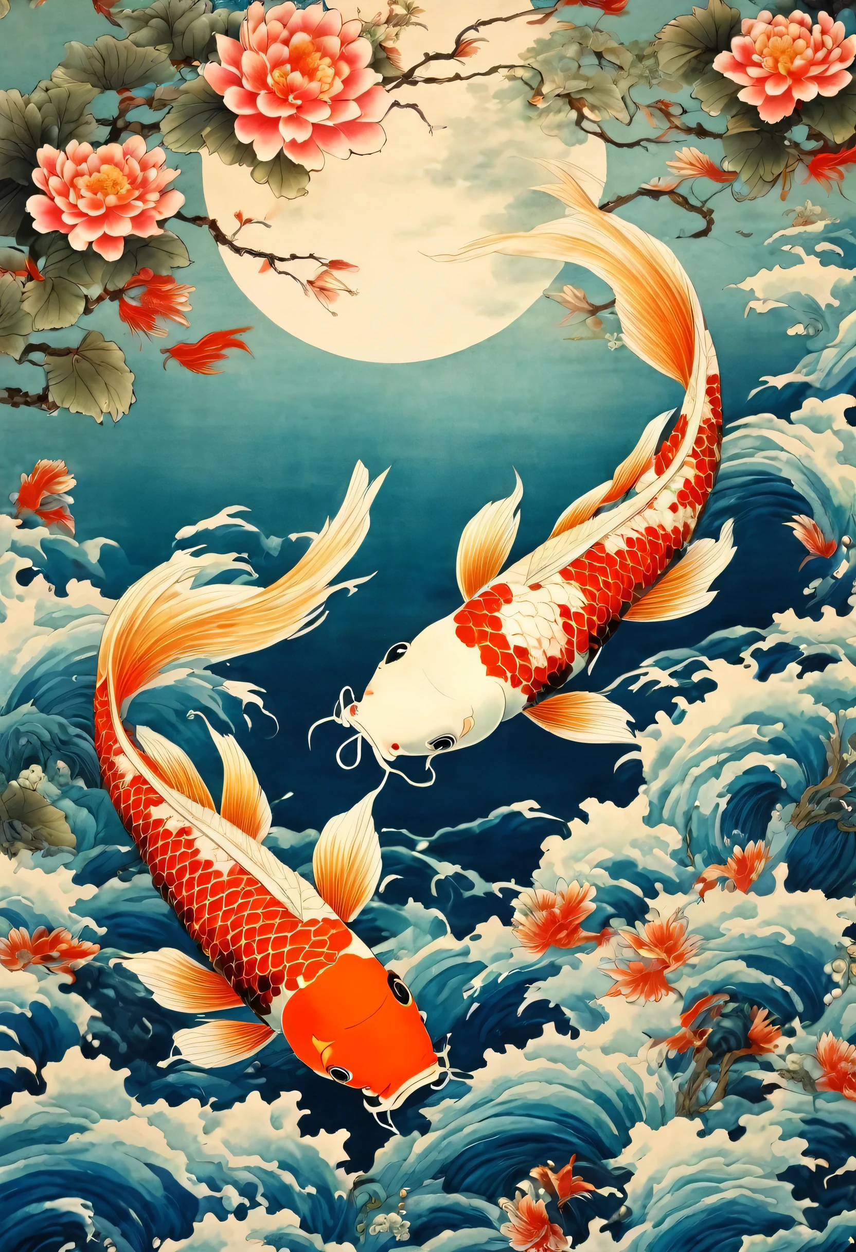 best quality, masterpiece, extremely detailed, traditional japanese painting, (TWO differently colored koi fish), circling each other, underwater, lake, crescent moon in the sky, vibrant colors, no chinese characters, no stamp, no logo, no signature