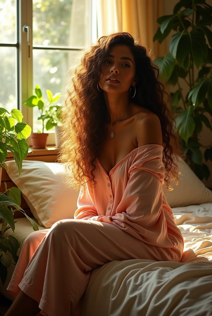 (photorealism:1.2), beautiful woman, sitting on bed, wearing loose off-shoulder top, pajama pants, big ass, long curly hair, indoors, soft lighting, plants in background, window with sunlight, cozy room, relaxed pose, realistic, intricate details, warm colors, by Greg Rutkowski, by Alphonse Mucha