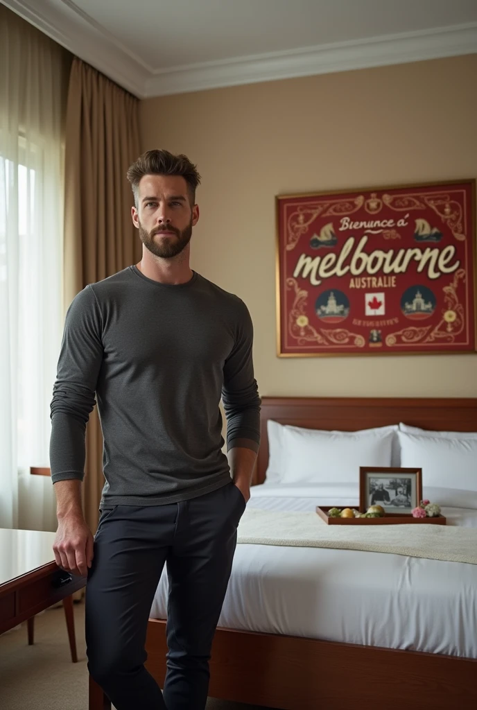 Homme caucasien grand de taille, charmant, un peu costaud, habillé en pantalon et tee-shirt manche longue, assis ou adossé sur une table dans une grande chambre d'hôtel, sur la table qu'il y ait également un papier mouchoir déjà utilisé sur la table et sur le lit de l'hôtel qu'il soit déposer un cadre photo grand ou moyen qu'il est possible de faire arrêter sur le lit et faire face à la caméra et sur le mur du chevet du lit un tableau sur lequel il est écrit en français : Bienvenue à Melbourne AUSTRALIE et autour de la phrase qu'il y ait les emblèmes du Canada Québec ou le drapeau du Canada Québec

