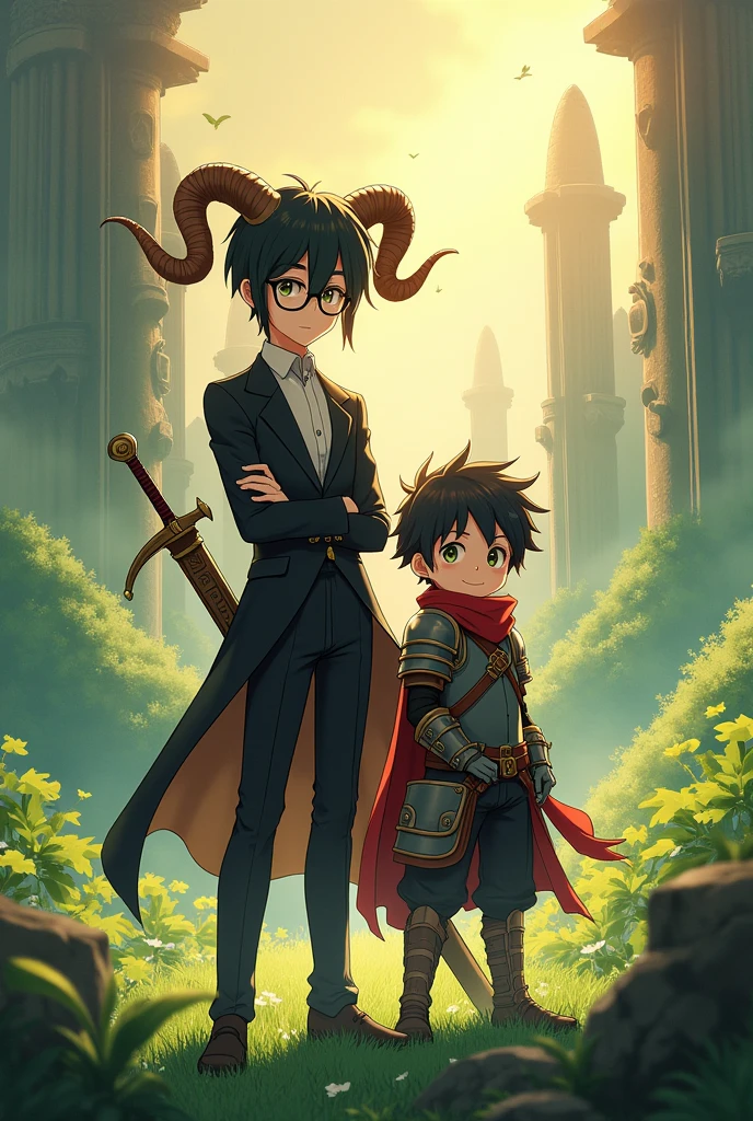 anime style with a cool butler boy with ram horns and glasses、A naive warrior boy with ram horns and a legendary sword on his back