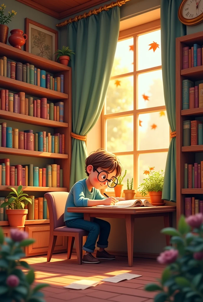 Man author write a book in a book store 3d cartoon image