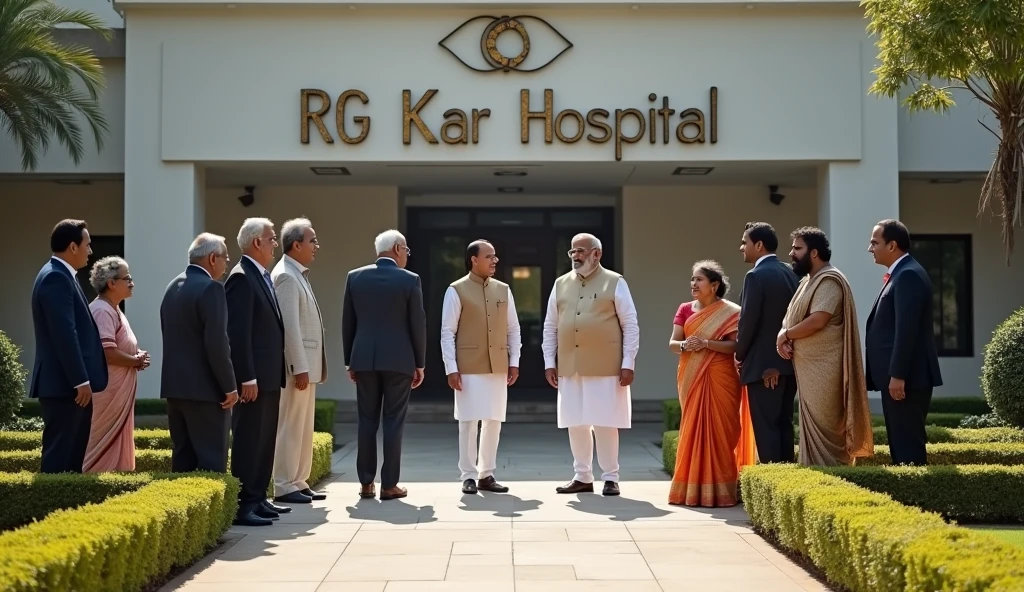 Create an image featuring prominent Indian political leaders gathered in front of 'RG Kar Hospital'. The scene should include:A realistic depiction of the hospital with a visible sign that reads 'RG Kar Hospital'.Prominent Indian political leaders in formal attire, arranged in a respectful manner as if they are engaged in discussion or waiting.Ensure the leaders are shown in a dignified and realistic manner, reflecting their positions of authority.The setting should include details such as hospital signage, a clean and professional environment, and appropriate context.Ensure the image is respectful and maintains the dignity of the individuals and the hospital