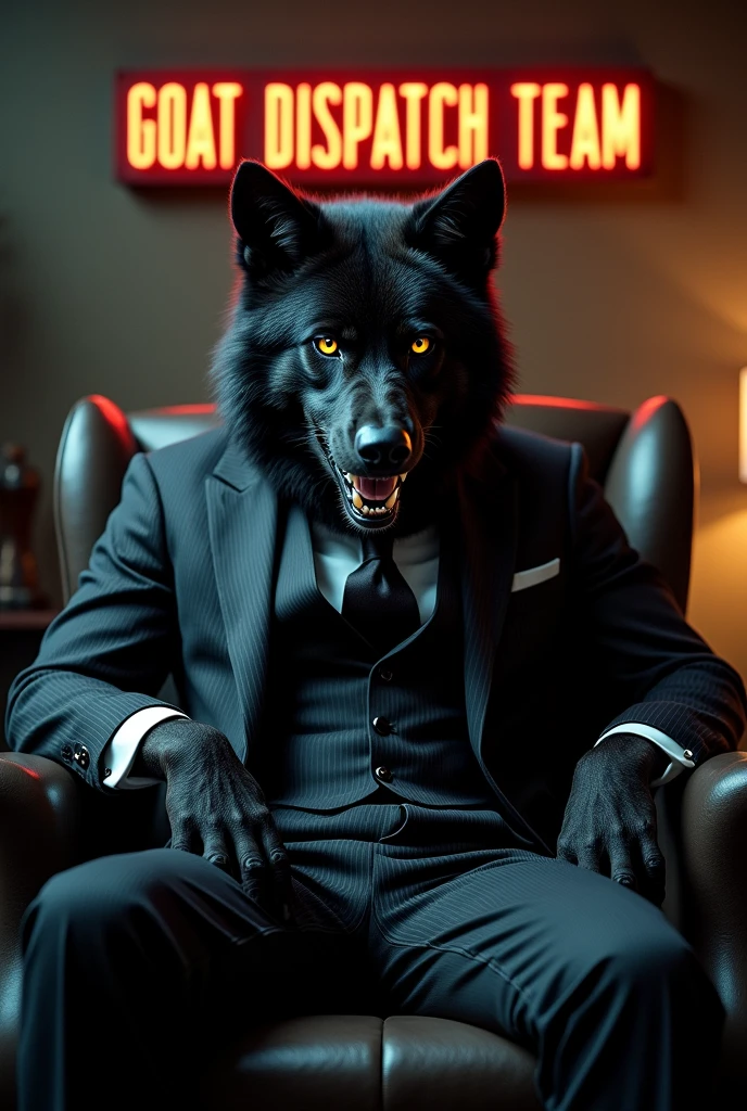 black angry wolf with gangster suit sitting on the chair in the office under the letter of "GOAT DISPATCH TEAM"